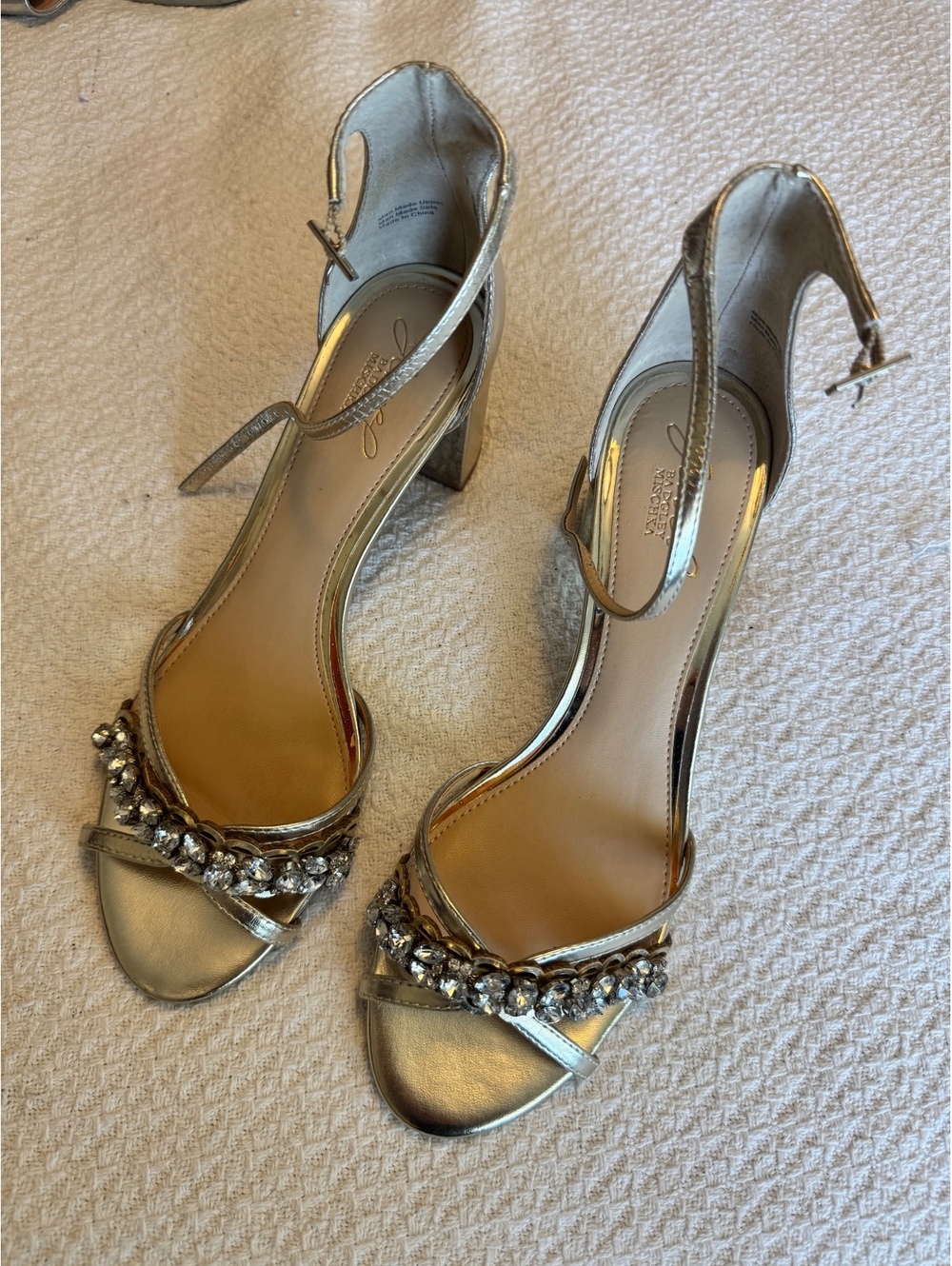 Jewel Badgley Mischka Gold Heel Sandals with Rhinestone Embellishments, Size 8.5